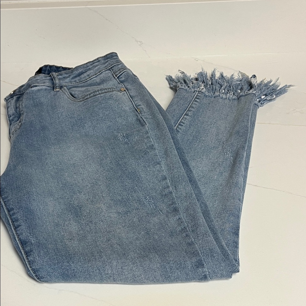 Chic Frayed Hem Light Blue Jeans 14 R